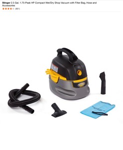 lot 55 image: Stinger 2.5 Gal. 1.75-Peak HP Compact WetDry Shop Vacuum with Filter Bag, Hose and Accessories. See Pictures