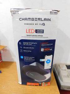 lot 17 image: Chamberlain 0.75-HP Smart Belt Drive Garage Door Opener Works with Myq Wi-fi Compatibility Battery Back-up LED Light