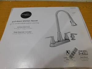 lot 122 image: Project Source Stainless Steel 2-Handle Deck-Mount Pull-Down Handle Kitchen Faucet (Deck Plate Included)