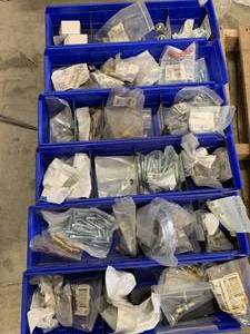 Five Large Bins of Fasteners, Clamps, Hardware