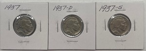 Three Buffalo Nickels - 1937 P, D, & S