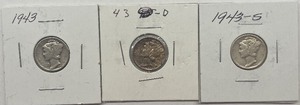 Three Different Mercury Dimes - 1943 P, D, & S