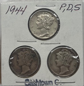 Three Different Mercury Dimes - 1944 P, D, & S
