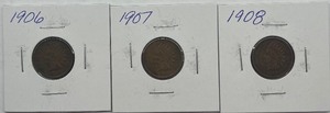 Three Different Indian Head Pennies - 1906, 1907, & 1908