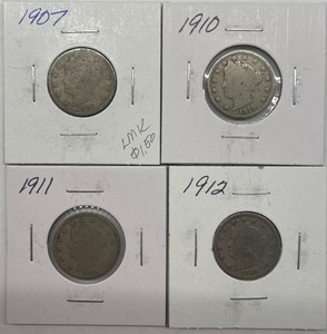 Four Different Liberty Head Nickels - 1907, 1910, 1911, & 1912