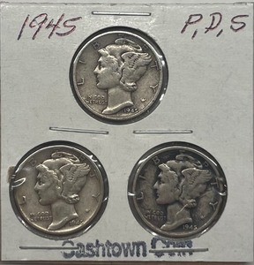 Three Different Mercury Dimes - 1945 P, D, & S