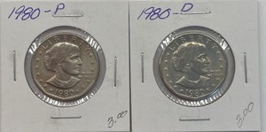 Two 1980 Susan B. Anthony Dollars - P & D