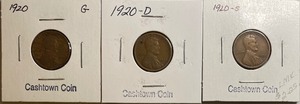 Three Lincoln Wheat Pennies - 1920 P,D, & S