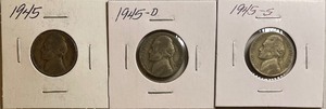 Three Silver War Nickels - 1945 P, D, & S