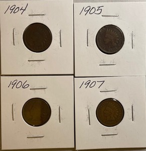 Four Different Indian Head Pennies - 1904, 1905, 1906, & 1907