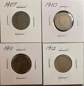Four Different Liberty Head Nickels - 1907, 1910, 1911, & 1912