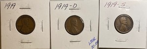 Three Different Lincoln Wheat Pennies 1919 P, D, & S