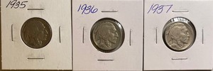 Three Different Buffalo Nickels - 1935, 1936, & 1937