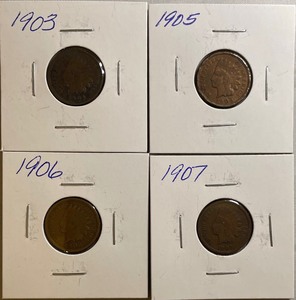 Four Different Indian Head Pennies - 1903, 1905, 1906, & 1907
