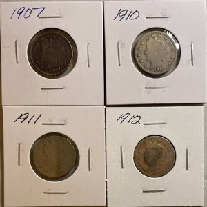 Four Different Liberty Head Nickels - 1907, 1910, 1911, 1912