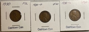 Three Different Lincoln Wheat Pennies - 1930 P, D, & S