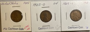 Three Different Lincoln Wheat Pennies - 1925 P, D, & S