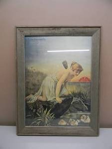 lot 15 image: RARE - VINTAGE COMPLIMENTS OF THE GLOBE BREWING CO. BALTIMORE MD. - FRAMED ADVERTISING SEMI NUDE FAIRY & 3 GAZING OLD MEN - FANTASTIC PIECE - APPROX 24 by 32 - SEE PICTURES