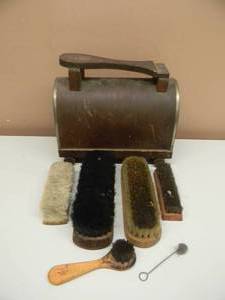 lot 19 image: ANTIQUE SHOE SHINE BOX AND BRUSHES - VERY COOL COLLECTION - NICE - SEE PICTURES