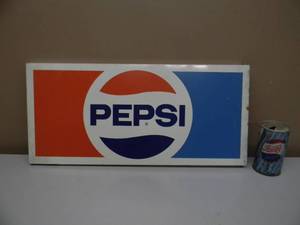 lot 22 image: VINTAGE PEPSI METAL SIGN WITH VINTAGE PEPSI CAN - NICE SET - SIGN APPROX 22 by 10 by 1 - SEE PICTURES