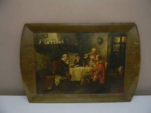 lot 31 image: VINTAGE WOOD SERVING TRAY PUB SCENE - VERY COOL PIECE - RARE - APPROX 21 by 14 - SEE PICTURES
