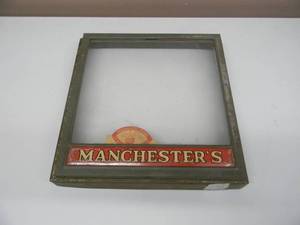 lot 44 image: Vintage Biscuit Box Lid, Glass and Chrome MANCHESTERS, circa 1930s - AWESOME PIECE - APPROX 10 by 10.5 - SEE PICTURES