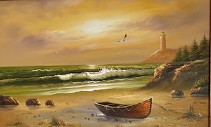 lot 61 image: Serene Water and Boat Scene Framed Original Art