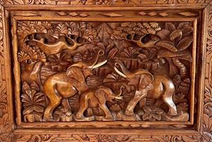 lot 105 image: Carved Wooden Elephant Motif Art from Sri Lanka