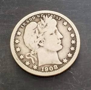 1908 US BARBER SILVER QUARTER