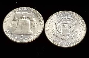 2 US 90% SILVER HALF DOLLARS AS PICTURED FRANKLIN & KENNEDY