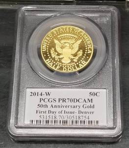2014-W US 50th ANNIVERSARY GOLD KENNEDY HALF DOLLAR (34 oz 999) PR70DCAM PCGS 1st DAY OF ISSUE