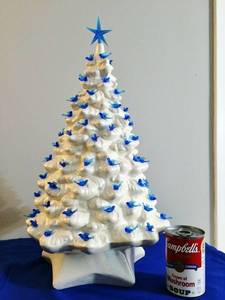 WOW Gorgeous Large 22 Vintage Lighted Holland Mold Iridescent&nbspWhite&nbspCeramic&nbspChristmas Tree Blue Birds Doves WBlue Star On Top &amp Separate Base Iconic Mid Century Holiday Decor - Comes With Bulb - Great Condition - No Chips