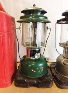 Awesome 2 Collectible Vintage Coleman Lanterns With Rare Red Outer Cases Model 220J Green &amp Powerhouse Dual Fuel - Great Condition