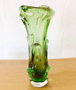 WOW SPECTACULAR 1960s LARGE 14 HEAVY GREEN &amp AMBER VINTAGE CZECH SKRDLOVICE SOMMERSO ART GLASS VASE DESIGNED BY JAN BERANEK - GREAT QUALITY &amp CONDITION