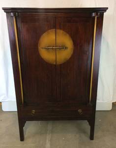WOW FABULOUS ASIAN INSPIRED CHINESE WEDDING CABINET WITH LOCKING PIN &amp BRASS ACCENTS BY PIER 1 IMPORTS CHINOISERIE CAMPAIGN STYLE STORAGE ARMOIRE - GREAT CONDITION WITH LIGHT AGE RELATED WEAR