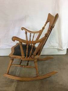 Antique Oak Pressback Rocking Chair With Ornate Woodwork, Leather &amp Nailhead Seat - Great Condition