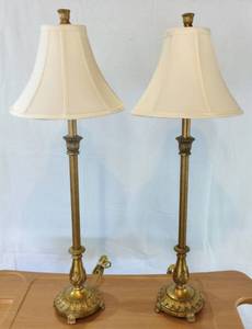 Lovely Pair Of Vintage Hollywood Regency Gold Gilt Foil Buffet Lamps With Shades - Excellent Condition&nbsp