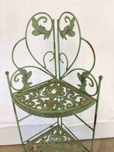 Lovely Victorian Ornate Verde Patinated Style Green Iron Metal Collapsible Corner 3 Tier Etegere Plant Stand - Great Condition