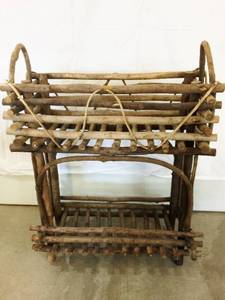 Very Old Primitive Rustic Handmade Folk Art Farmhouse Wood Branch Twig Shelf Planter Approx 32x25x10 - Check Out The Nails That Were Used To Make This - A Very Interesting Piece Of Furniture