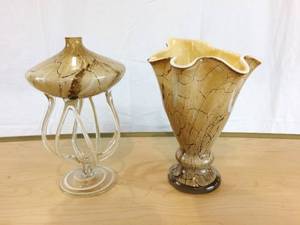 Gorgeous Vintage Jozefina Krosno Poland Handkerchief Hand Made Mouth Blown Art Glass Vase Plus Matching Art Glass Octopus Jellyfish Oil Lamp - Like New Condition Marbled Beige Gold Brown Color