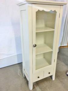 Darling White Wood &amp Glass Cabinet 3 Shelves &amp 1 Drawer - Wear To Back Legs - See Pics 42x18x12