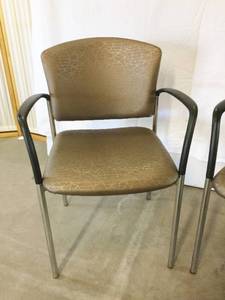 WOW MSRP $740 Each 2 Designer High Quality Source International STAXX CONVEX Fully Upholstered Stacking&nbsp Guest Side Arm Chairs With Astrance Current Metallic Brown Silver Contemporary Pattern &amp Chrome Legs - Excellent Condition&nbsp