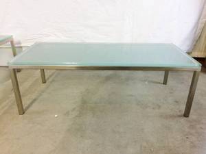 MSRP $350 Crate &amp Barrel Parsons Thick Glass Top Stainless Steel Base 32x14x11 Small Rectangular Coffee Table (Was Used For Plants In Sunroom) Great Condition However 1 Corner Of Glass Has A Blemish...See Picture