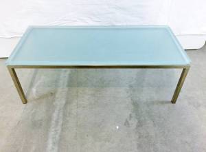 MSRP $350 Crate &amp Barrel Parsons Thick Glass Top Stainless Steel Base 32x14x11 Small Rectangular Coffee Table (Was Used For Plants In Sunroom) Good Condition However 1 Corner Of Glass Has Beginning Of Chipping...See Picture
