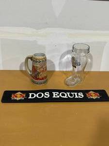 Strohs Beer Stein, Glass Boot, and Bar Service Mat