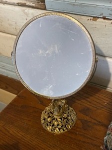 Vintage Tabletop Mirror, Sewing Box, Glassware, Vintage Stoneware Crock, Coca Cola Bottle Light
