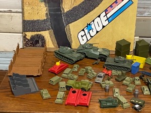Assortment of Army Toys and Large GI Joe cardboard play mat