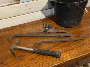 Hammer, Crowbar, Level, Bucket of Nails