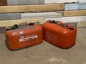 Two Vintage Evinrude Johnson Outboard Motor Marine Metal Gas Tank Cans