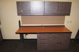 lot 7 image: National Office Furniture Waveworks Series Desk with Wall Mount Overhead Cabinet